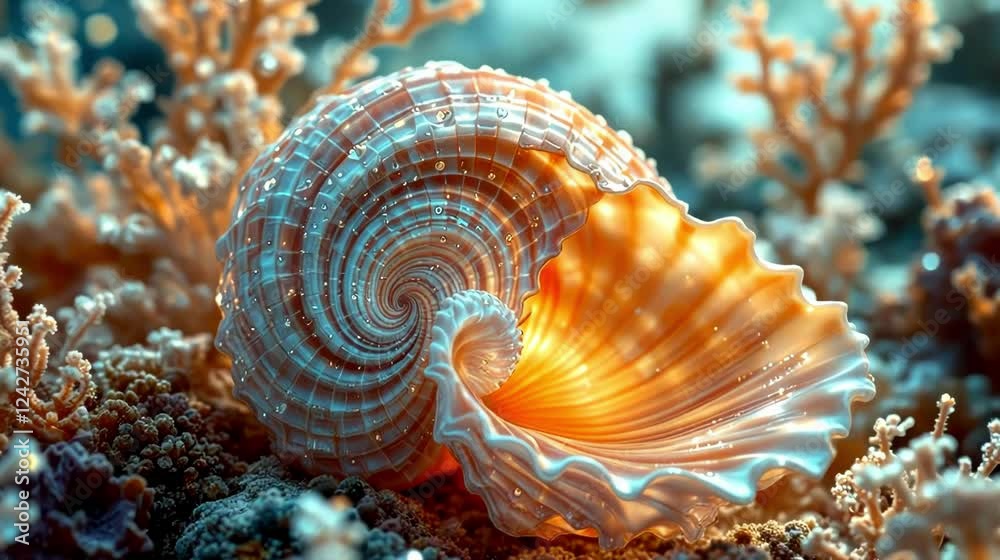 A beautifully detailed seashell illuminated against vibrant coral reef backdrop, showcasing underwater life's beauty.