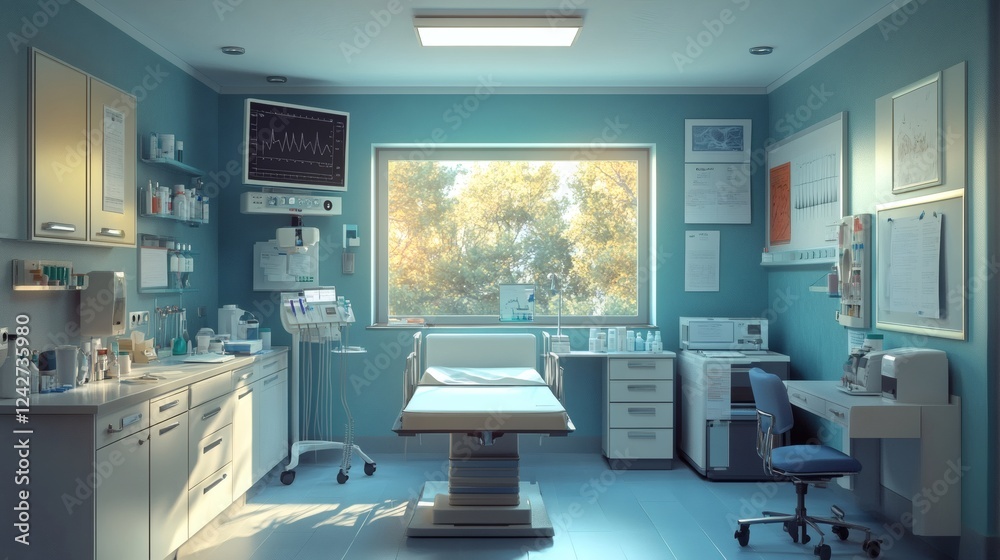 Bright clinic room with an endoscope for internal examination with sterile medical tools and medications neatly arranged for patient diagnosis Bright clinic room with an endoscope for internal examination with sterile medical tools and medications neatly arranged for patient diagnosis