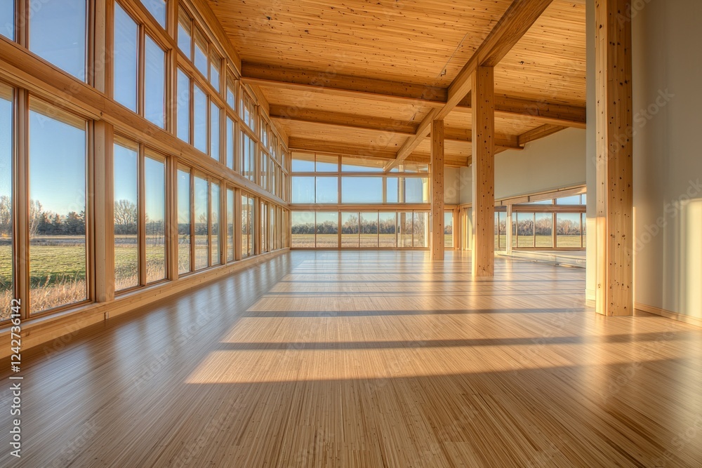 A large room with light wooden floors and ceiling, many windows on the left side of the space looking out onto an open field. A large room with light wooden floors and ceiling, many windows on the left side of the space looking out onto an open field.