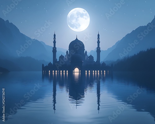 Mosque on lake at night, full moon. photo