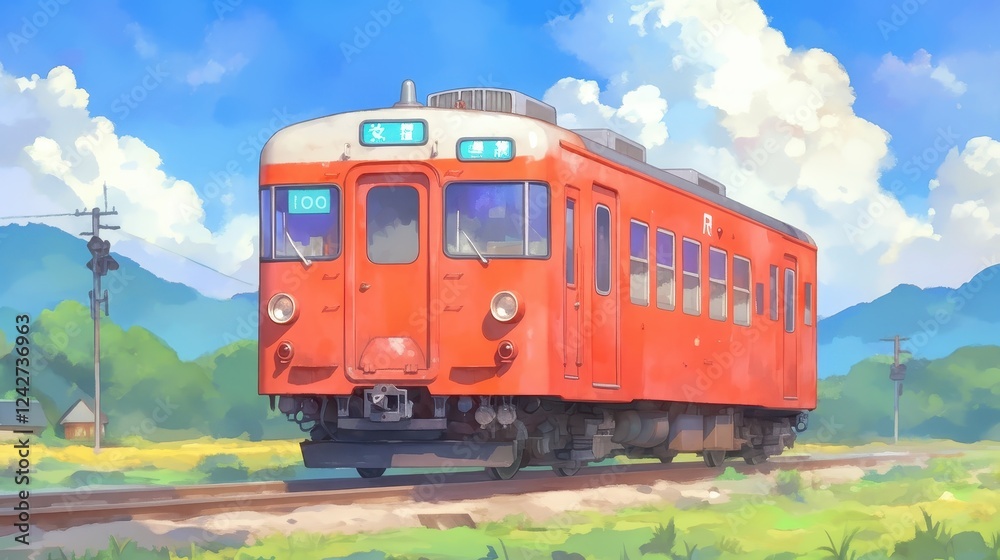 A vibrant orange train travels along a scenic route, surrounded by lush greenery and distant mountains under a bright blue sky. A vibrant orange train travels along a scenic route, surrounded by lush greenery and distant mountains under a bright blue sky.