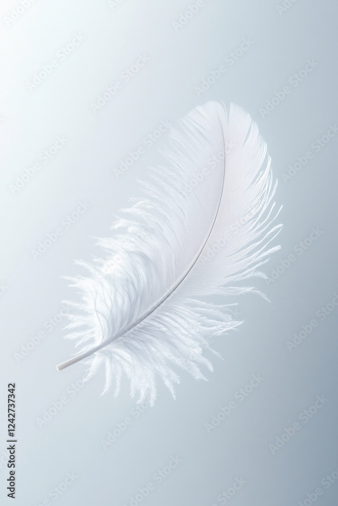 Obraz premium Single white feather floating on light blue background