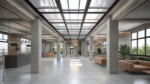 Minimalist industrial interior with concrete columns and skylights creating a spacious and bright design layout. photo