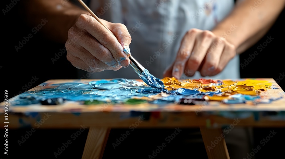 Painter's Hands Carefully Adjusting Colors on Palette While Creating a Masterpiece with Brush in Torso Close-Up Lighting and Texture Detail Painter's Hands Carefully Adjusting Colors on Palette While Creating a Masterpiece with Brush in Torso Close-Up Lighting and Texture Detail