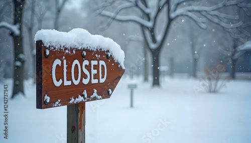 Wooden closed sign in snowy park, tranquil winter scene, seasonal closure alert