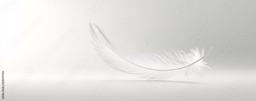 Obraz premium Single white feather floating on white background