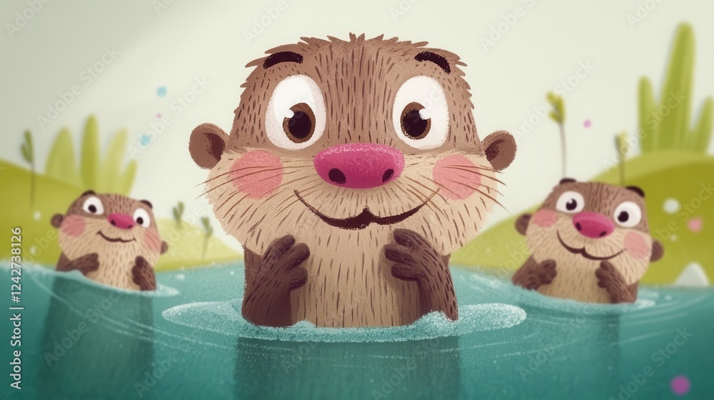 Obraz premium Cartoon otters playfully emerge from water, showcasing their cheerful expressions in a vibrant, nature-inspired setting.