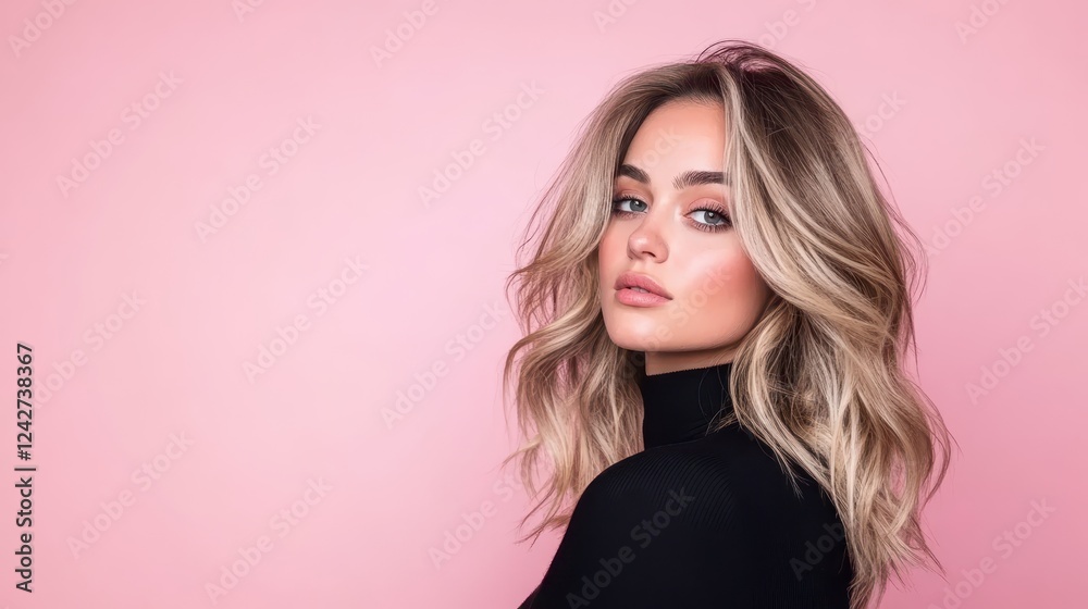 Professional portrait session featuring a model with long, wavy hair against a soft pink background showcasing beauty and elegance Professional portrait session featuring a model with long, wavy hair against a soft pink background showcasing beauty and elegance