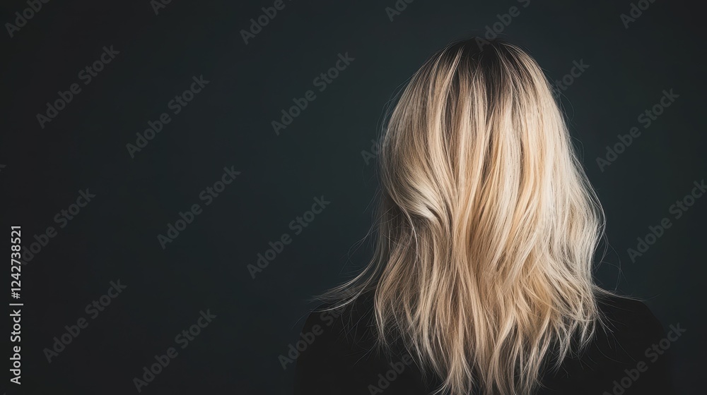 Naklejka premium Professional studio capturing long blonde hair with soft waves against a simple dark background showcasing stylistic elegance and beauty