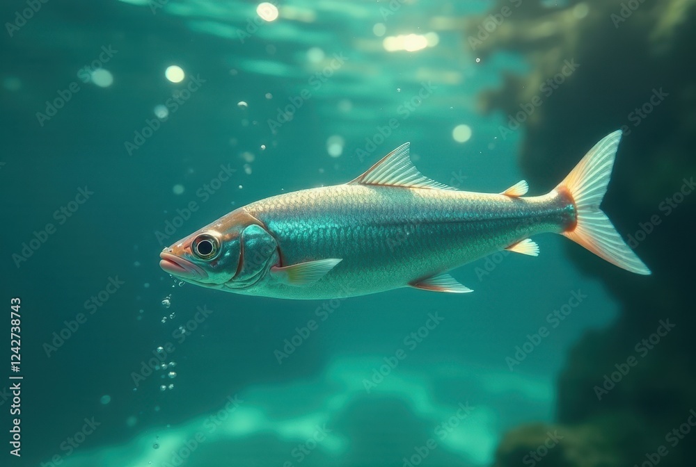 Fototapeta premium A shimmering aquatic creature gracefully glides through the vibrant underwater world, its scales reflecting the sunlit depths