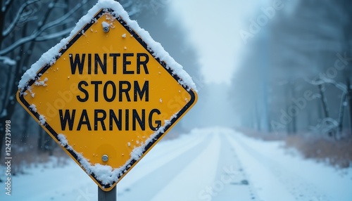 Winter Storm Warning Sign on Snowy Road, Seasonal Weather Alert Illustration