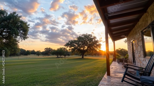 Sunset view from stone house porch, Texas ranch