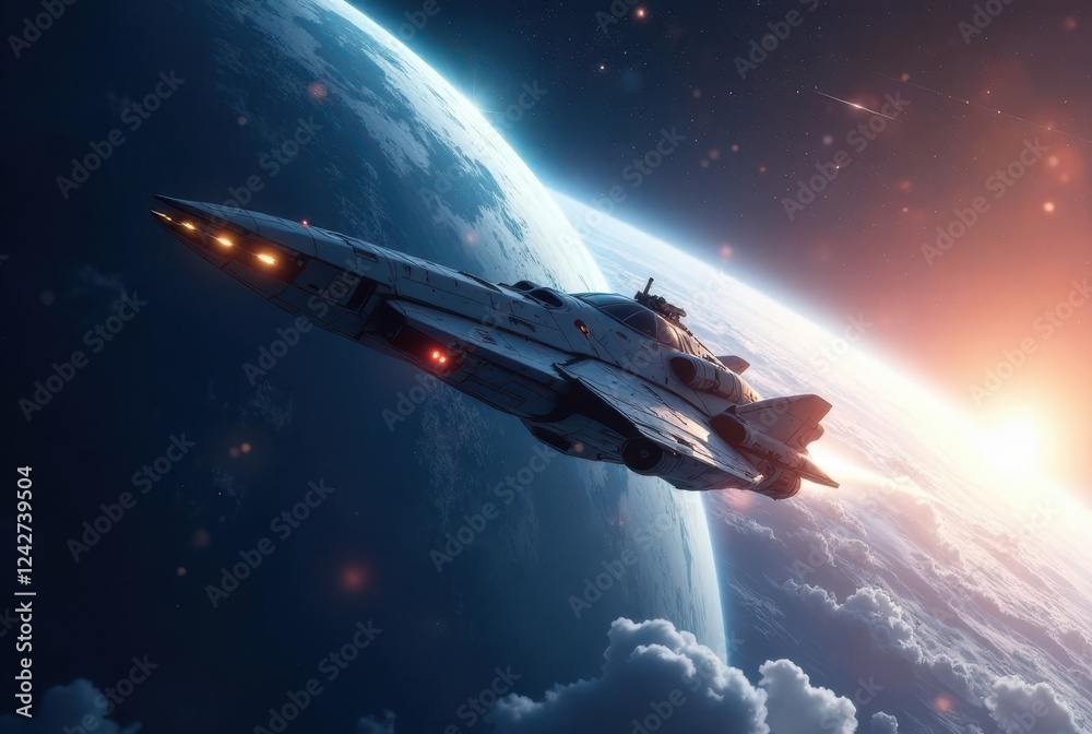 Naklejka premium A Futuristic Spaceship Soaring Through the Cosmos, Past a Celestial Body Bathed in the Warm Glow of a Distant Star, Leaving a Trail of Light in its Wake