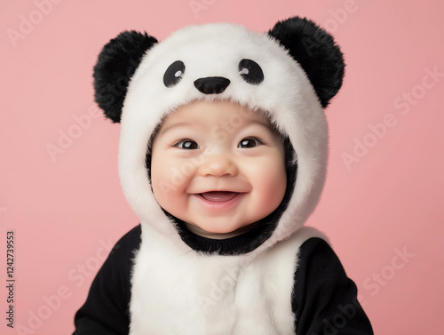 studio portrait of happy Asian baby wearing panda bear costume, isolated on colour background photo