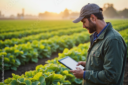 Farmer Using Tablet to Monitor Crop Health in Smart Agriculture Setup