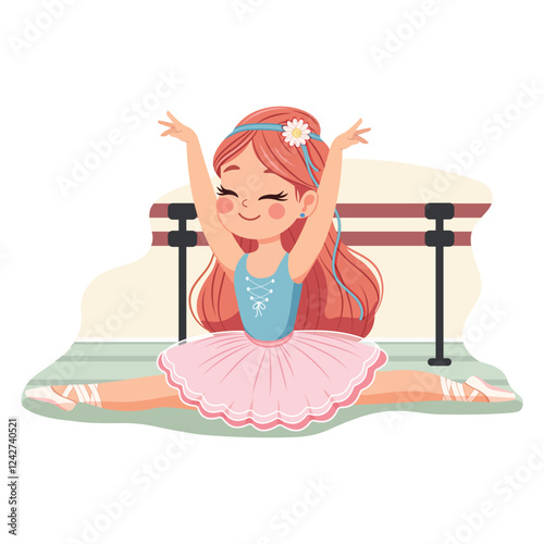 Pretty and gentle ballerina girl in pink and blue dress doing the splits in the ballerinas' hall on white background. Poster, Banner, Flyer, Greeting Card. Vector illustration in flat cartoon style