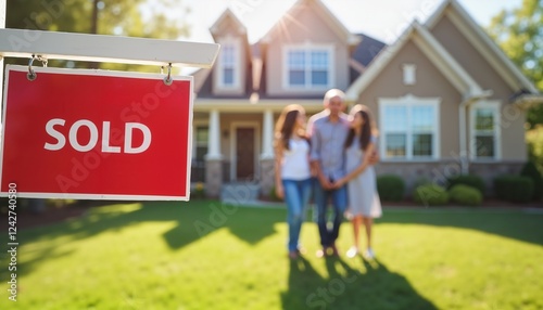Happy family in front of new house with sold sign in foreground, real estate success