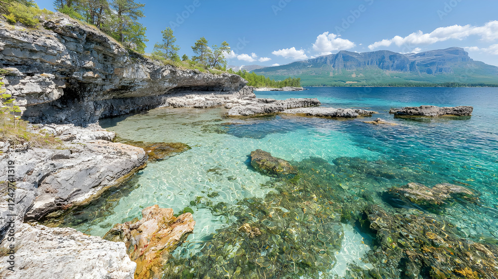 Clear lake, rocky shore, mountain backdrop, summer day Clear lake, rocky shore, mountain backdrop, summer day