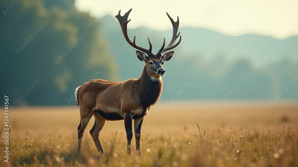Majestic Buck in Golden Meadow at Dawn, Exhibiting Antler Grandeur and Serene Posture Majestic Buck in Golden Meadow at Dawn, Exhibiting Antler Grandeur and Serene Posture