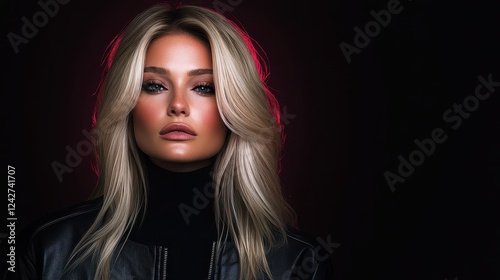 Striking portrait of a woman with long blonde hair and dramatic makeup captured in a stylish dark setting highlighting her features and expression