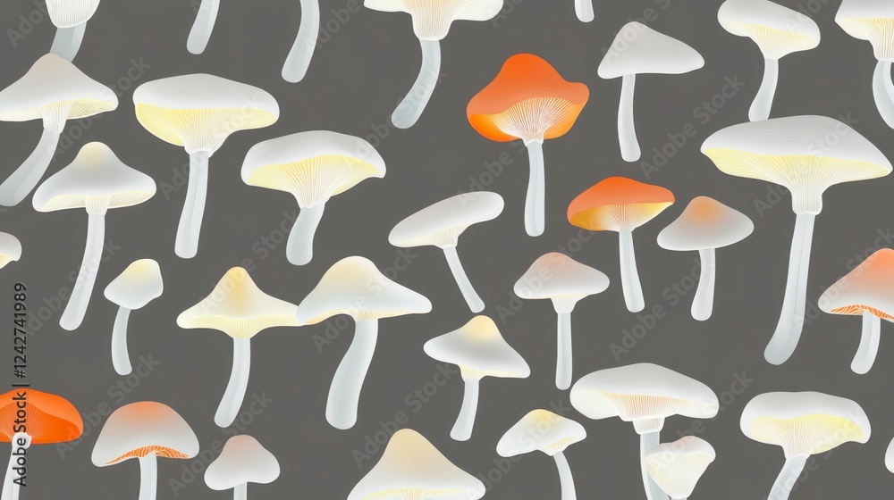 A Captivating Pattern of Detailed Mushrooms in Various Shades of White and Orange on a Dark Gray Background A Captivating Pattern of Detailed Mushrooms in Various Shades of White and Orange on a Dark Gray Background