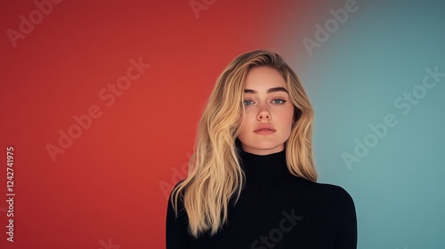 Professional model poses in front of contrasting red and blue backgrounds showcasing modern fashion and beauty during a studio session