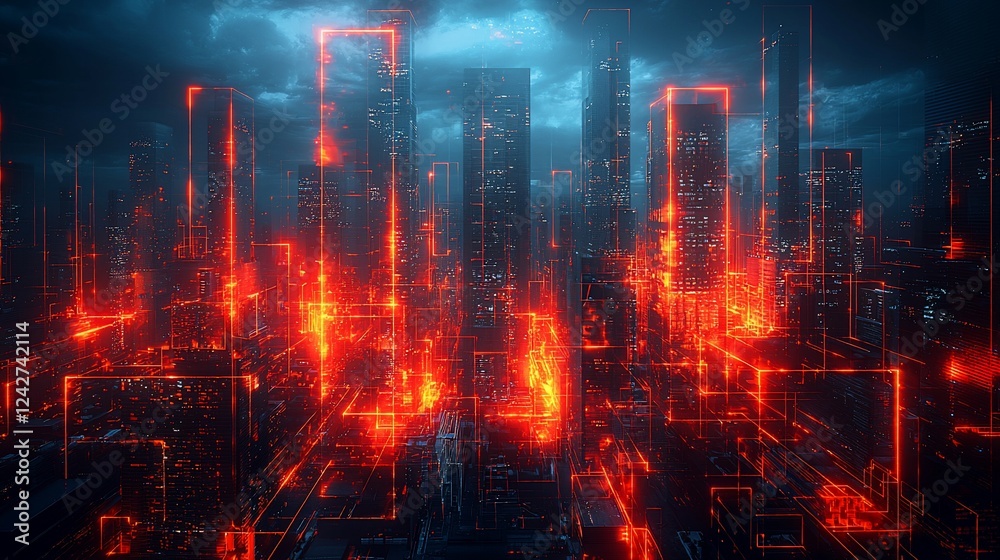 Fototapeta premium Futuristic cityscape at night illuminated by neon lights, showcasing advanced technology and urban life