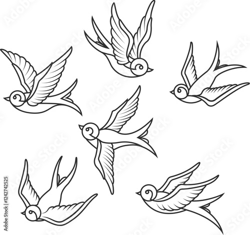 Set of swallow tattoo templates isolated on white background. Bird icons. Vector illustration.