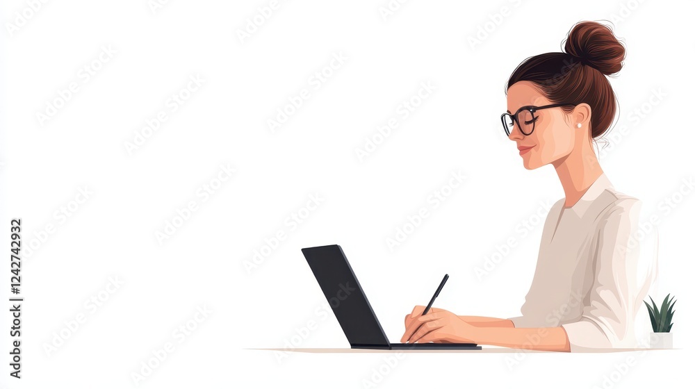 A vibrant and cheerful woman is focused on her work, diligently typing away on her laptop in a brightly lit indoor area, taking notes with a pen as she enhances her productivity during the daytime A vibrant and cheerful woman is focused on her work, diligently typing away on her laptop in a brightly lit indoor area, taking notes with a pen as she enhances her productivity during the daytime