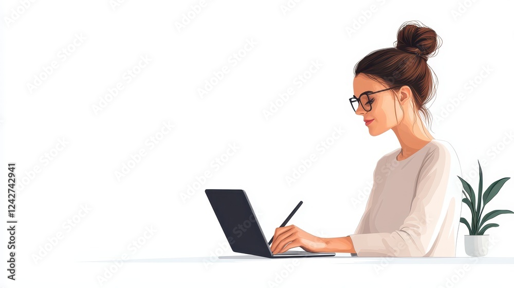 Brightly illuminated workspace featuring a cheerful adult woman engaging with a laptop while taking notes in a cozy indoor setting Brightly illuminated workspace featuring a cheerful adult woman engaging with a laptop while taking notes in a cozy indoor setting