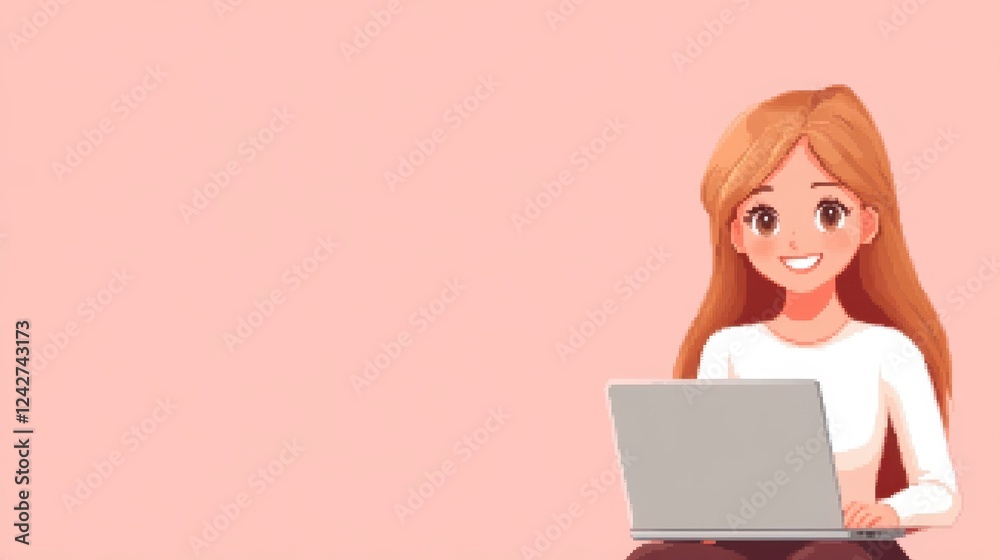 Cheerful fair-skinned avatar with long hair working on a laptop in a simple pastel setting while smiling and enjoying the creative process of content creation Cheerful fair-skinned avatar with long hair working on a laptop in a simple pastel setting while smiling and enjoying the creative process of content creation