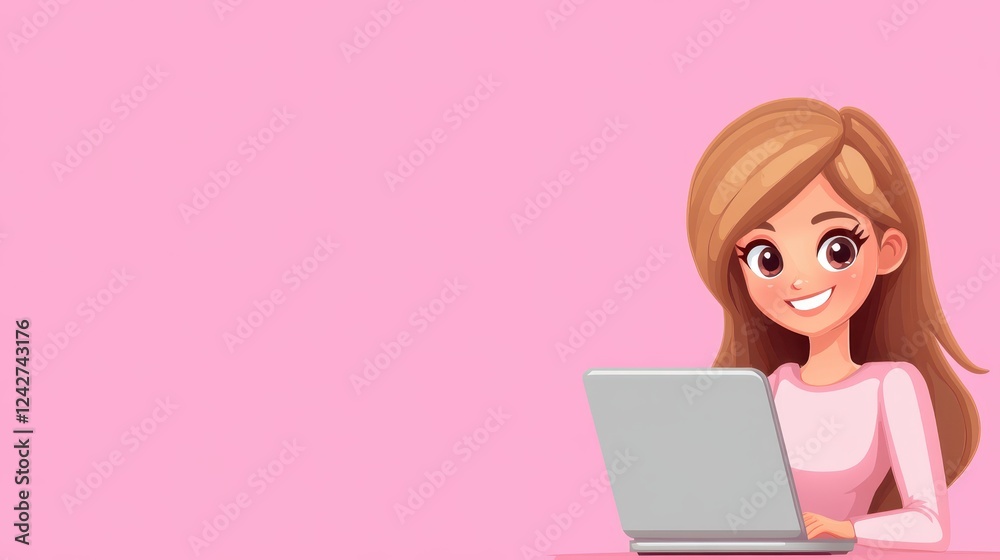 A vibrant and inventive young woman is joyfully engaged in her work on a laptop, set against a serene, minimalistic backdrop featuring a soft light pink hue A vibrant and inventive young woman is joyfully engaged in her work on a laptop, set against a serene, minimalistic backdrop featuring a soft light pink hue