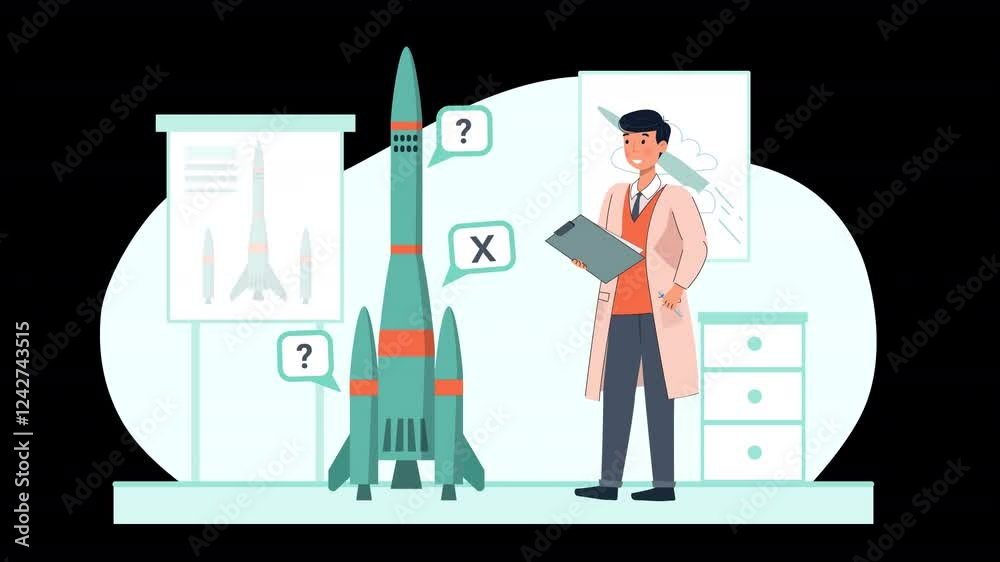 Explore rocket research with this vector character animation scene, perfect for educational and scientific presentations. Explore rocket research with this vector character animation scene, perfect for educational and scientific presentations.