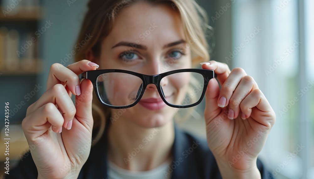 Smiling woman with eyeglasses, close up indoors, vision and clarity concept Smiling woman with eyeglasses, close up indoors, vision and clarity concept