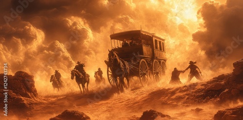 Stagecoach Riders Journey Through Dusty Western Landscape