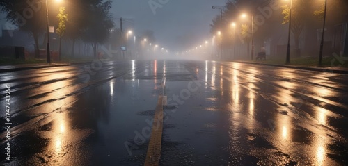 Wet asphalt road with rain and foggy conditions , puddles, dark skies, rain