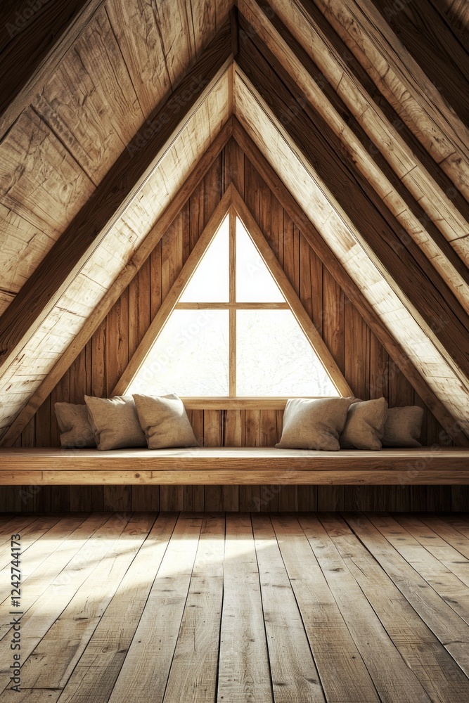 A minimalist interior of an attic room made entirely of wood, with a single triangular window and seating on a wooden platform. A minimalist interior of an attic room made entirely of wood, with a single triangular window and seating on a wooden platform.