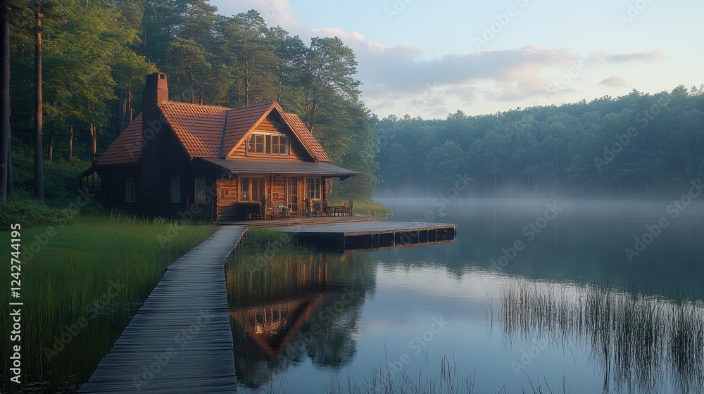 Fototapeta premium Lakeside cabin sunrise mist peaceful dock reflection