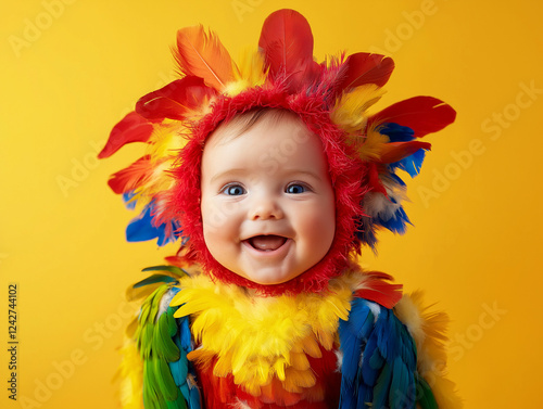 studio portrait of happy baby wearing parrot costume, isolated on colour background