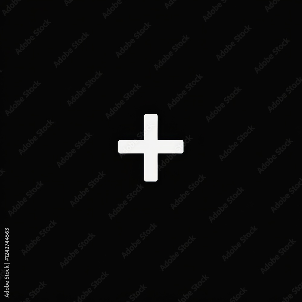 Simple white plus sign on a stark black background creating a minimalist aesthetic engaging visual contrast and emphasizing modern art's clean lines and forms Simple white plus sign on a stark black background creating a minimalist aesthetic engaging visual contrast and emphasizing modern art's clean lines and forms