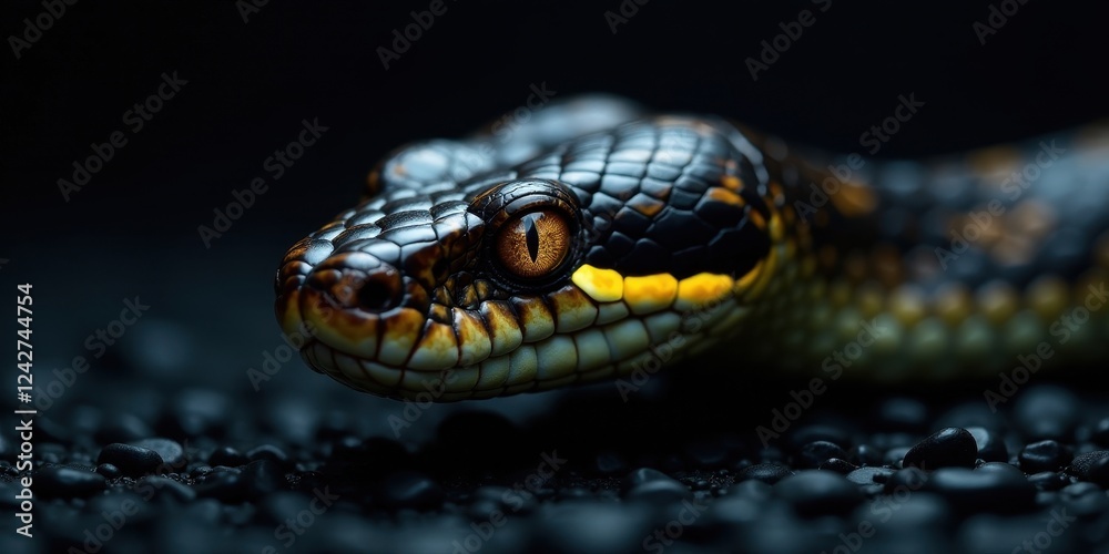Fototapeta premium Close-up of a reptile with striking yellow eyes, resting on dark pebbles