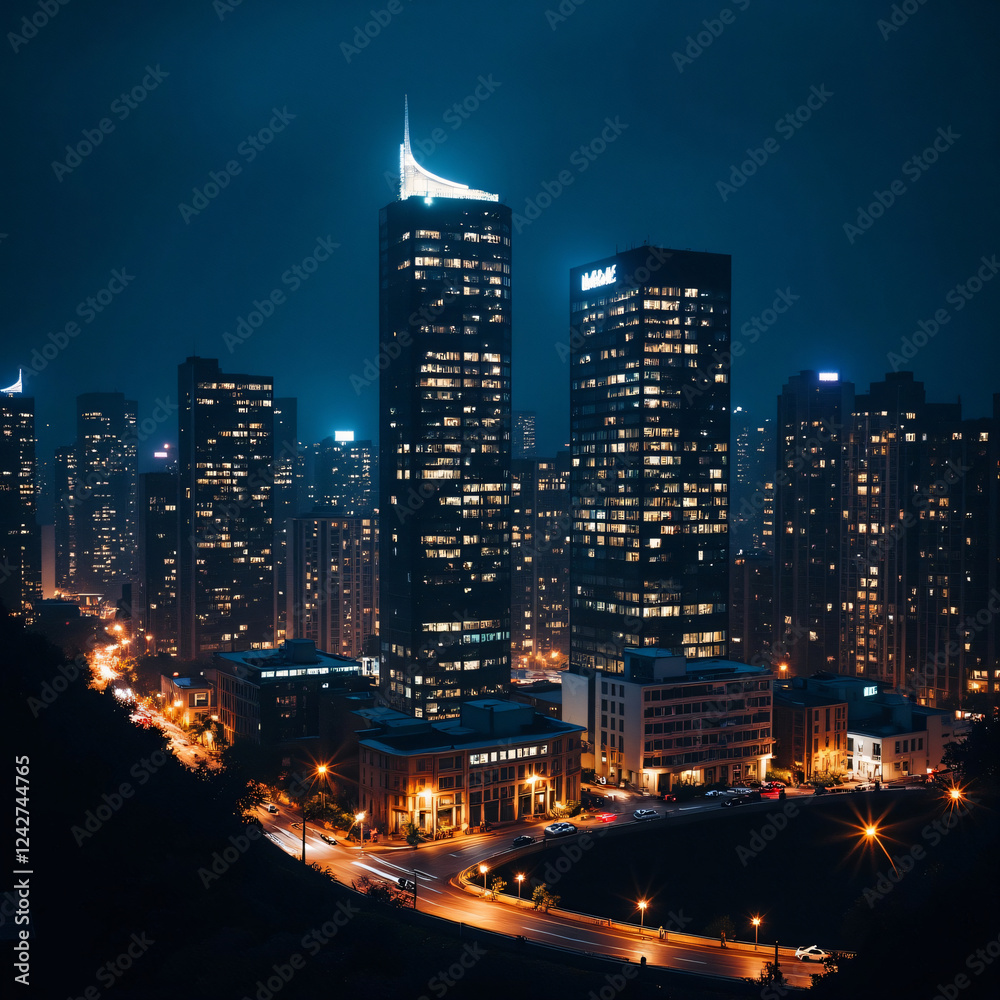 Fototapeta premium Night Cityscape Stunning View Illuminated Skyscrapers