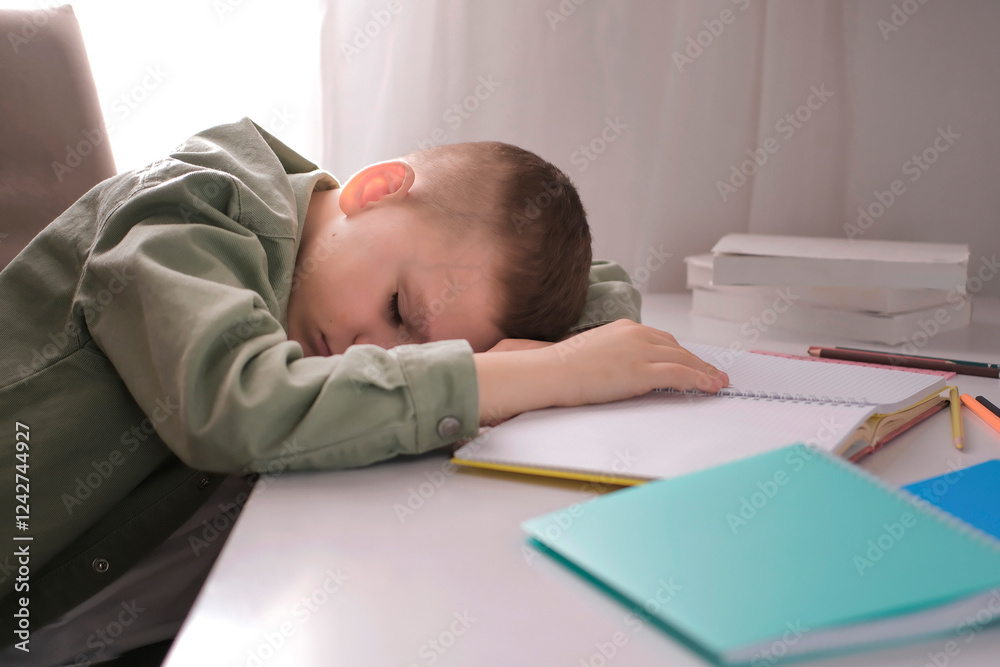 An 8-year-old boy fell asleep doing boring homework at home at table. Schoolboy falls asleep in evening while doing his homework. Difficulties in education. An 8-year-old boy fell asleep doing boring homework at home at table. Schoolboy falls asleep in evening while doing his homework. Difficulties in education.