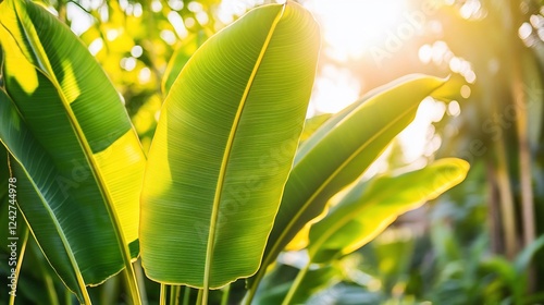 Sunlit vibrant green tropical leaves.