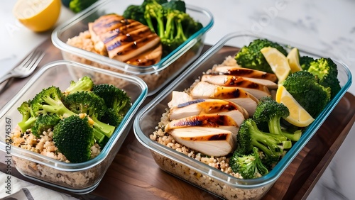 Healthy grilled chicken meal prep with broccoli and quinoa for weight loss lunch photo