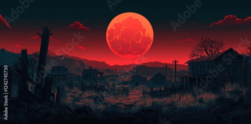 Red Moon Over Deserted Western Town Landscape photo