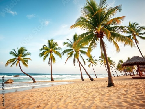 Warm sandy beach with palm trees swaying gently in the ocean breeze, seaside, vintage, shore