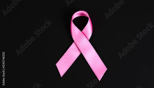 A pink breast cancer awareness ribbon symbolizing hope and support for cancer research and awareness, isolated black background photo