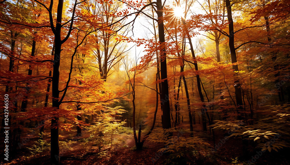 Fototapeta premium Autumn Forest with Sunlight Streaming Through Trees