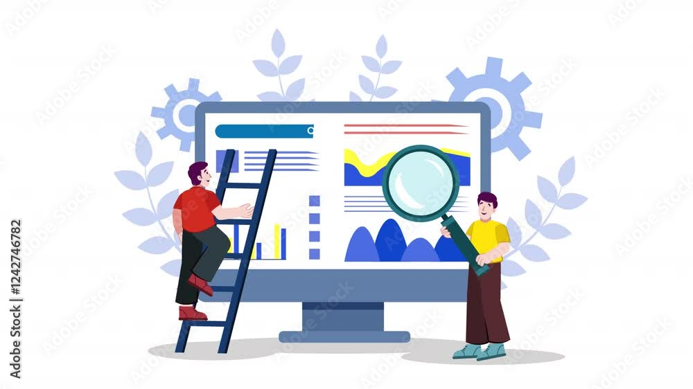 Illustrate SEO analysis processes with this flat vector animation scene, ideal for marketing and educational content. Illustrate SEO analysis processes with this flat vector animation scene, ideal for marketing and educational content.